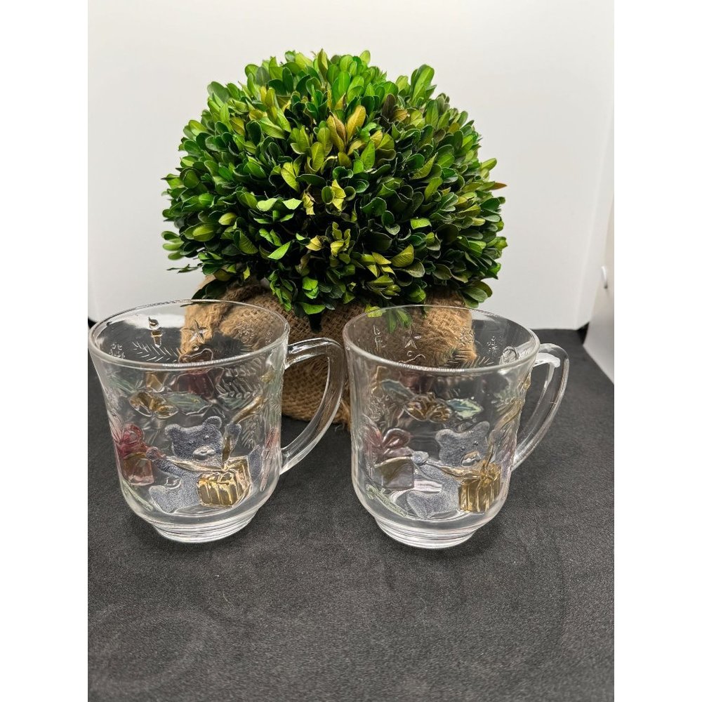 Mervyn's Holiday Tinted Glass Christmas Teddy Bear Mugs SET of 2
